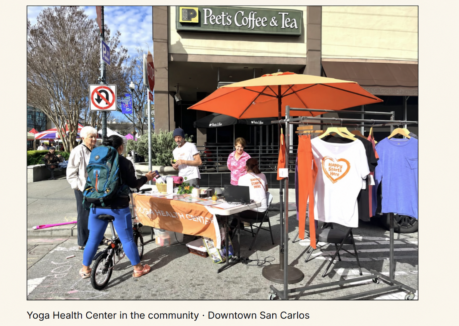 Yoga Health Center community booth outside Peet’s Coffee in downtown San Carlos
